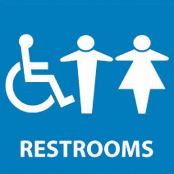 NMC - Restrooms, 7" Wide x 7" High, Vinyl Sign - English, White on Blue, Wall Mount - Exact Tooling