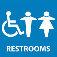 NMC - Restrooms, 7" Wide x 7" High, Vinyl Sign - English, White on Blue, Wall Mount - Exact Tooling