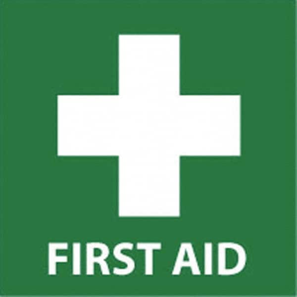 NMC - "First Aid", 7" Long x 7" Wide, Rigid Plastic Safety Sign - Square, 0.05" Thick, Use for First Aid - Exact Tooling