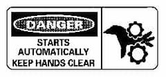 NMC - "Danger - Starts Automatically - Keep Hands Clear", 7" Long x 17" Wide, Pressure-Sensitive Vinyl Safety Sign - Rectangle, 0.004" Thick, Use for Accident Prevention - Exact Tooling