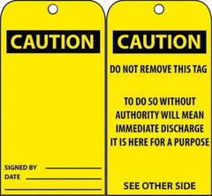 NMC - 3" High x 6" Long, CAUTION, English Safety & Facility Accident Prevention Tag - Tag Header: CAUTION, 2 Sides, Black & Yellow Unrippable Vinyl - Exact Tooling