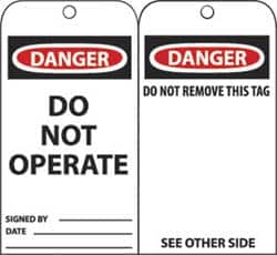 NMC - 3" High x 6" Long, DANGER - DO NOT OPERATE, English Safety & Facility Accident Prevention Tag - Tag Header: Danger, 2 Sides, Black, Red & White Unrippable Vinyl - Exact Tooling