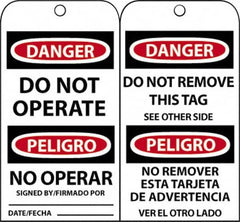 NMC - 3" High x 6" Long, DANGER - DO NOT OPERATE, English & Spanish Safety & Facility Accident Prevention Tag - Tag Header: Danger, 2 Sides, Black, Red & White Unrippable Vinyl - Exact Tooling