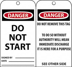 NMC - 3" High x 6" Long, DANGER - DO NOT START, English Safety & Facility Accident Prevention Tag - Tag Header: Danger, 2 Sides, Black, Red & White Unrippable Vinyl - Exact Tooling