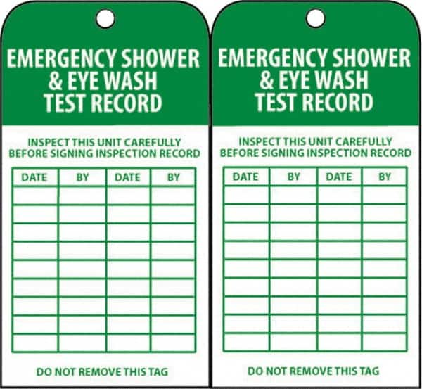 NMC - 3" High x 6" Long, EMERGENCY SHOWER & EYE WASH TEST RECORD, English Safety & Facility Accident Prevention Tag - Tag Header: Danger, 2 Sides, Green & White Unrippable Vinyl - Exact Tooling
