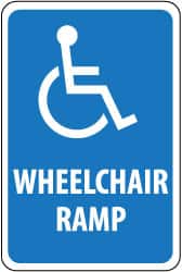 NMC - "Wheelchair Ramp", "Handicap Symbol", 12" Wide x 6" High, Aluminum ADA Signs - 0.08" Thick, Blue on White, Engineer Grade Reflectivity, Rectangle, Post Mount - Exact Tooling