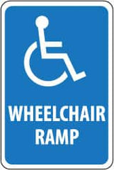 NMC - "Wheelchair Ramp", "Handicap Symbol", 12" Wide x 6" High, Aluminum ADA Signs - 0.08" Thick, Blue on White, Engineer Grade Reflectivity, Rectangle, Post Mount - Exact Tooling