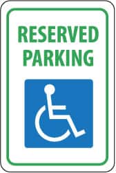 NMC - "Reserved Parking", "Handicapped Symbol", 12" Wide x 18" High, Aluminum ADA Signs - 0.04" Thick, Green & Blue on White, Rectangle, Wall Mount - Exact Tooling