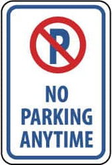 NMC - "No Parking Anytime", "Strike on P", 12" Wide x 18" High, Aluminum No Parking & Tow Away Signs - 0.04" Thick, Red & Blue on White, Rectangle, Wall Mount - Exact Tooling