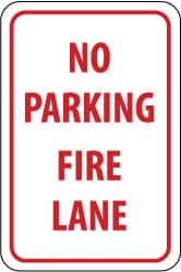 NMC - "No Parking - Fire Lane", 12" Wide x 18" High, Aluminum Fire Lane Signs - 0.063" Thick, Red on White, Rectangle, Post Mount - Exact Tooling