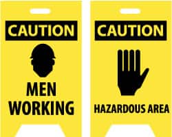 NMC - Caution - Men Working, Caution - Hazardous Area, 12" Wide x 19" High, Plastic Floor Sign - A-Frame, Black on Yellow, For Accident Prevention - Exact Tooling