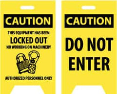 NMC - Caution - Do Not Enter, Caution - This Equipment Has Been Locked Out, No Working on Machinery - Authorized Personnel Only, 12" Wide x 19" High, Plastic Floor Sign - A-Frame, Black on Yellow, For Security & Admittance - Exact Tooling
