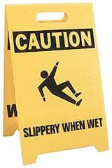 NMC - Caution - Wet Floor, Caution - Slippery When Wet, 12" Wide x 19" High, Plastic Floor Sign - A-Frame, Black on Yellow, For Restroom, Janitorial & Housekeeping - Exact Tooling