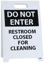 NMC - Do Not Enter - Restroom Closed for Cleaning, Do Not Enter - Work in Progress, 12" Wide x 19" High, Plastic Floor Sign - A-Frame, Black on White, For Restroom, Janitorial & Housekeeping - Exact Tooling