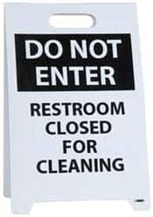 NMC - Do Not Enter - Restroom Closed for Cleaning, Do Not Enter - Work in Progress, 12" Wide x 19" High, Plastic Floor Sign - A-Frame, Black on White, For Restroom, Janitorial & Housekeeping - Exact Tooling