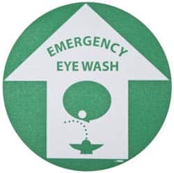 NMC - Emergency Eye Wash, Anti-Skid Pressure-Sensitive Vinyl Floor Sign - Round, Green on White, Adhesive Backed, For First Aid - Exact Tooling