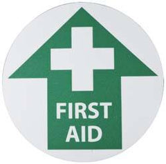 NMC - First Aid, Anti-Skid Pressure-Sensitive Vinyl Floor Sign - Round, Green on White, Adhesive Backed, For First Aid - Exact Tooling