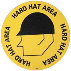 NMC - Hard Hat Area, Anti-Skid Pressure-Sensitive Vinyl Floor Sign - Round, Black on Yellow, Adhesive Backed, For Accident Prevention - Exact Tooling