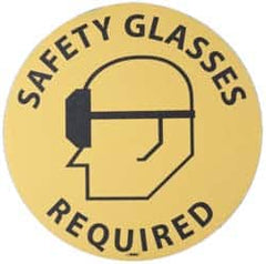 NMC - Safety Glasses Required, Anti-Skid Pressure-Sensitive Vinyl Floor Sign - Round, Black on Yellow, Adhesive Backed, For Accident Prevention - Exact Tooling