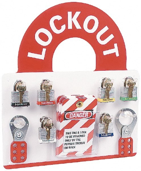 NMC - 10 Piece, Equipped Plexiglass Tag and Padlock / Hasp Station - 14 Inch Wide x 15-1/2 Inch High, White and White on Red - Exact Tooling