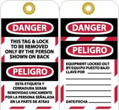 NMC - 3" High x 6" Long, DANGER - THIS TAG & LOCK TO BE REMOVED ONLY BY THE PERSON SHOWN ON BACK, Safety & Facility Lockout Tag - Tag Header: Danger, 2 Sides, Black, Red & White Unrippable Vinyl - Exact Tooling