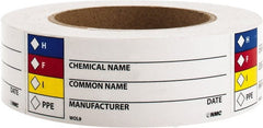 NMC - Hazardous Materials Label - Legend: H - F - I - PPE - Chemical Name ___ Common Name ___ Manufacturer ___ Date ___, English, Black, Blue, Red, Yellow & White, 4" Long x 1-1/2" High, Sign Muscle Finish - Exact Tooling