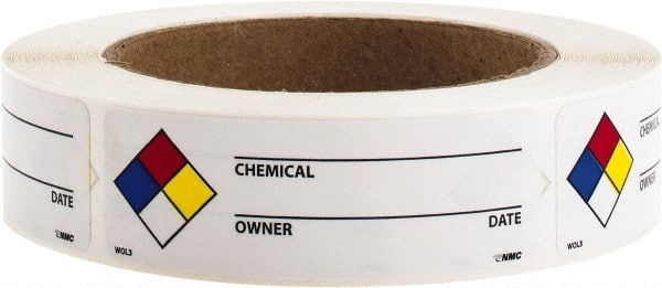 NMC - Hazardous Materials Label - Legend: Chemical ___ - Owner ___ - Date ___, English, Black, Blue, Red, Yellow & White, 3" Long x 1" High, Sign Muscle Finish - Exact Tooling