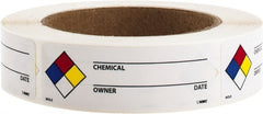 NMC - Hazardous Materials Label - Legend: Chemical ___ - Owner ___ - Date ___, English, Black, Blue, Red, Yellow & White, 3" Long x 1" High, Sign Muscle Finish - Exact Tooling