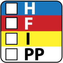 NMC - Hazardous Materials Label - Legend: H - F - I - PP, English, Black, Blue, Red, Yellow & White, 1" Long x 1" High, Sign Muscle Finish - Exact Tooling