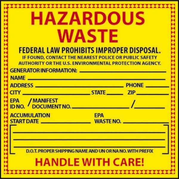NMC - Hazardous Materials Label - Legend: Hazardous Waste - Federal Law Prohibits Improper Disposal, English, Red & Black & Yellow, 6" Long x 6" High, Sign Muscle Finish - Exact Tooling