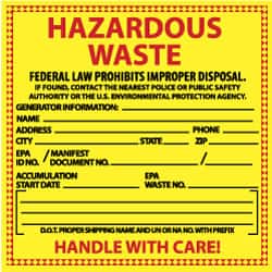 NMC - Hazardous Materials Label - Legend: Hazardous Waste - Federal Law Prohibits Improper Disposal, English, Red & Black & Yellow, 6" Long x 6" High, Sign Muscle Finish - Exact Tooling