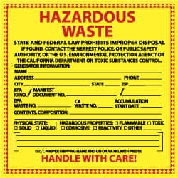 NMC - Hazardous Materials Label - Legend: Hazardous Waste - State and Federal Law Prohibits Improper Disposal, English, Red & Black & Yellow, 6" Long x 6" High, Sign Muscle Finish - Exact Tooling