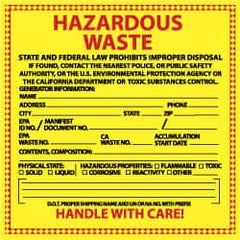 NMC - Hazardous Materials Label - Legend: Hazardous Waste - State and Federal Law Prohibits Improper Disposal, English, Red & Black & Yellow, 6" Long x 6" High, Sign Muscle Finish - Exact Tooling