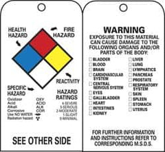 NMC - 3" High x 6" Long, HEALTH HAZARD - FIRE HAZARD - SPECIFIC HAZARD - INSTABILITY - HAZARD RATINGS, English Safety & Facility Accident Prevention Tag - Tag Header: Warning, 2 Sides, Black & White Unrippable Vinyl - Exact Tooling