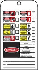 NMC - 3" High x 6" Long, DANGER - TOXIC ACID ALKALINE FLAMMABLE COMBUSTIBLE USE VENTILATION, English Safety & Facility Accident Prevention Tag - Tag Header: Danger, 2 Sides, Black, Red & White Unrippable Vinyl - Exact Tooling