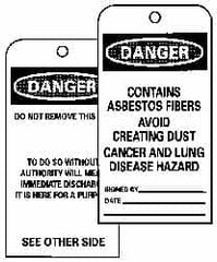 NMC - 3" High x 6" Long, DANGER - CONTAINS ASBESTOS FIBERS - AVOID CREATING DUST - CANCER AND LUNG DISEASE HAZARD, English Safety & Facility Accident Prevention Tag - Tag Header: Danger, 2 Sides, Black, Red & White Unrippable Vinyl - Exact Tooling