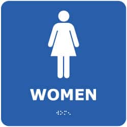 NMC - Women, 8" Wide x 8" High, Plastic Sign - English, Braille, White on Blue, Wall Mount - Exact Tooling