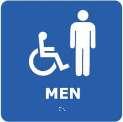 NMC - Men, 8" Wide x 8" High, Plastic Sign - English, Braille, White on Blue, Wall Mount - Exact Tooling