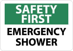 NMC - "Safety First - Emergency Shower", 10" Long x 14" Wide, Pressure-Sensitive Vinyl Safety Sign - Rectangle, 0.004" Thick, Use for First Aid - Exact Tooling