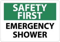 NMC - "Safety First - Emergency Shower", 10" Long x 14" Wide, Pressure-Sensitive Vinyl Safety Sign - Rectangle, 0.004" Thick, Use for First Aid - Exact Tooling