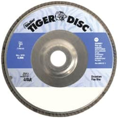 Weiler - 80 Grit, 7" Disc Diam, 7/8" Center Hole, Type 29 Zirconia Alumina Flap Disc - 8,600 Max RPM, Aluminum Backing, Arbor Attaching System, Coated - Exact Tooling