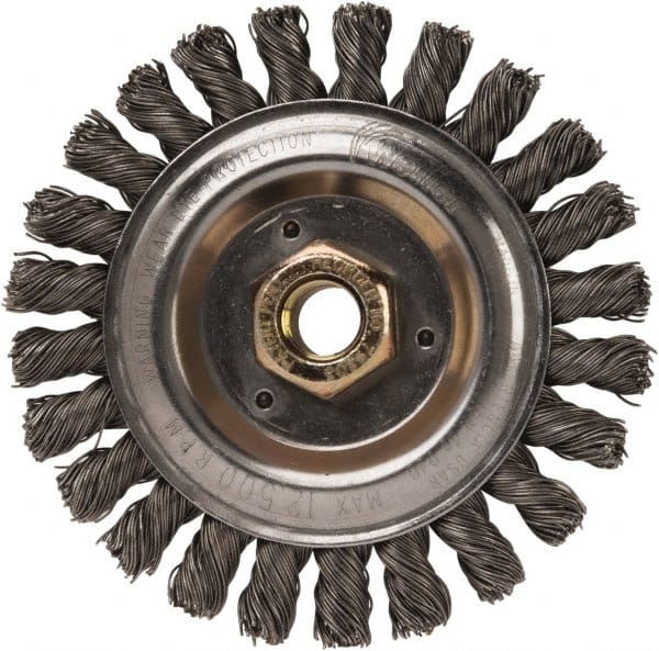 Weiler - 5" OD, 5/8" Arbor Hole, Stringer Bead Steel Wheel Brush - 1/2" Face Width, 7/8" Trim Length, 0.023" Filament Diam, 12,500 RPM - Exact Tooling
