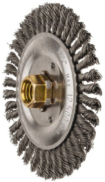 Weiler - 5" OD, 5/8" Arbor Hole, Stringer Bead Steel Wheel Brush - 3/16" Face Width, 7/8" Trim Length, 0.02" Filament Diam, 12,500 RPM - Exact Tooling