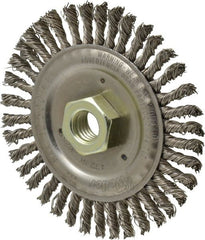 Weiler - 4-1/2" OD, 5/8" Arbor Hole, Knotted Stainless Steel Wheel Brush - 3/16" Face Width, 7/8" Trim Length, 0.02" Filament Diam, 12,500 RPM - Exact Tooling