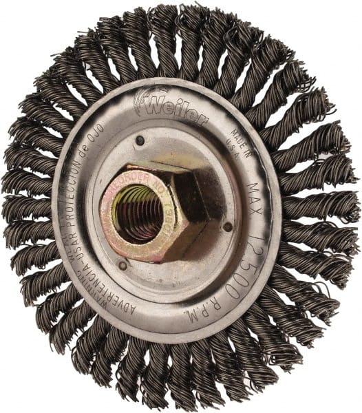 Weiler - 4-1/2" OD, 5/8" Arbor Hole, Stringer Bead Steel Wheel Brush - 3/16" Face Width, 13/16" Trim Length, 0.02" Filament Diam, 15,000 RPM - Exact Tooling
