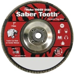 Weiler - 40 Grit, 7" Disc Diam, 5/8-11 Center Hole, Type 29 Ceramic Flap Disc - 8,600 Max RPM, Phenolic Backing, Arbor Attaching System, Coated - Exact Tooling