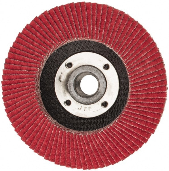 Weiler - 80 Grit, 4-1/2" Disc Diam, 5/8-11 Center Hole, Type 29 Ceramic Flap Disc - 13,000 Max RPM, Phenolic Backing, Arbor Attaching System, Coated - Exact Tooling