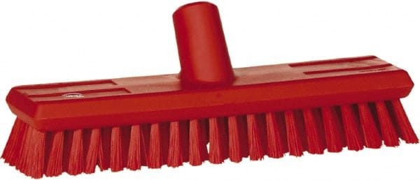 Vikan - 1.3" Bristle Length, Polyester Scrub Brush - 10-3/4" Long x 2-1/2" Wide Head, 11" OAL, European Threaded Handle, Red, Polypropylene Block - Exact Tooling