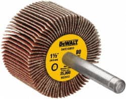 DeWALT - 1-1/2" Diam x 1" Face Width, Medium Aluminum Oxide Coated Mounted Flap Wheel - 1/4" Shank Mount, 80 Grit, Cloth Backing, 25,000 Max RPM - Exact Tooling