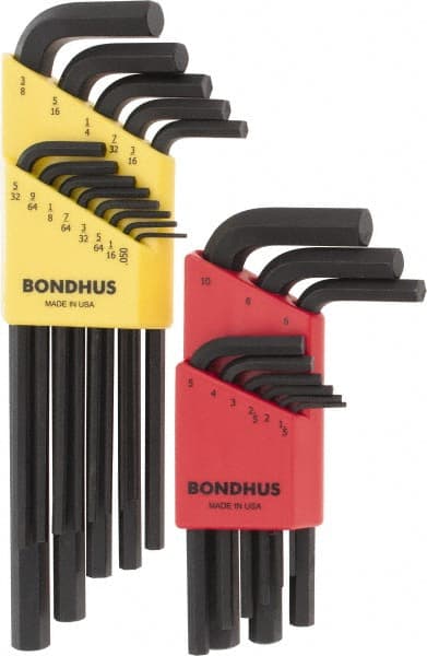 Bondhus - 22 Piece L-Key Hex Key Set - Hex Range 0.05 to 3/8", 11" OAL, Protanium High Torque Steel - Exact Tooling